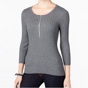 I•N•C Sz M Ribbed 3/4 Sleeve Gray Stretch Zip Front Women’s INC Sweater NWOT
